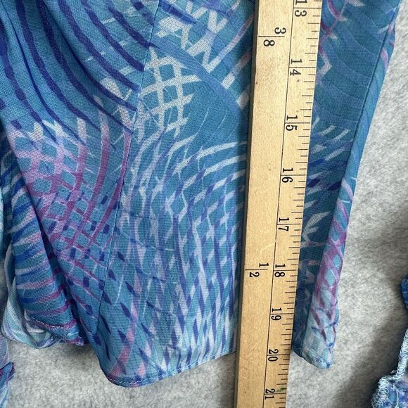 Blue Abstract Mesh Disco Top Size XS Crop Button Front Long Ruffle Flare Sleeve - Picture 7 of 10